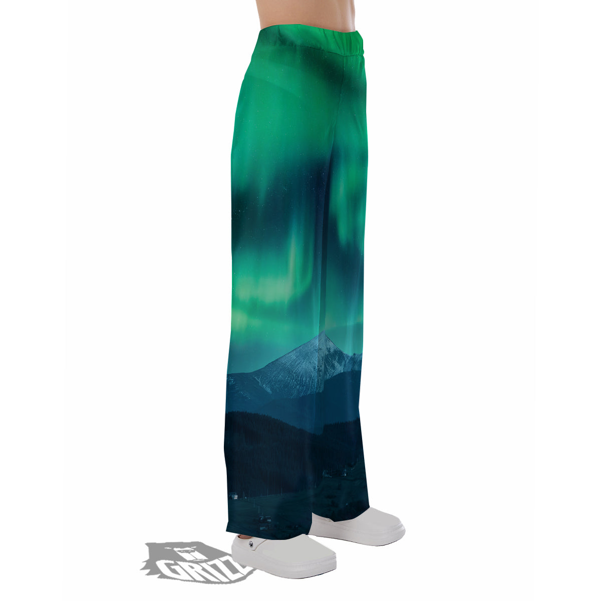 Green Northern Lights And Snowy Mountains Print Pajama Pants-grizzshop