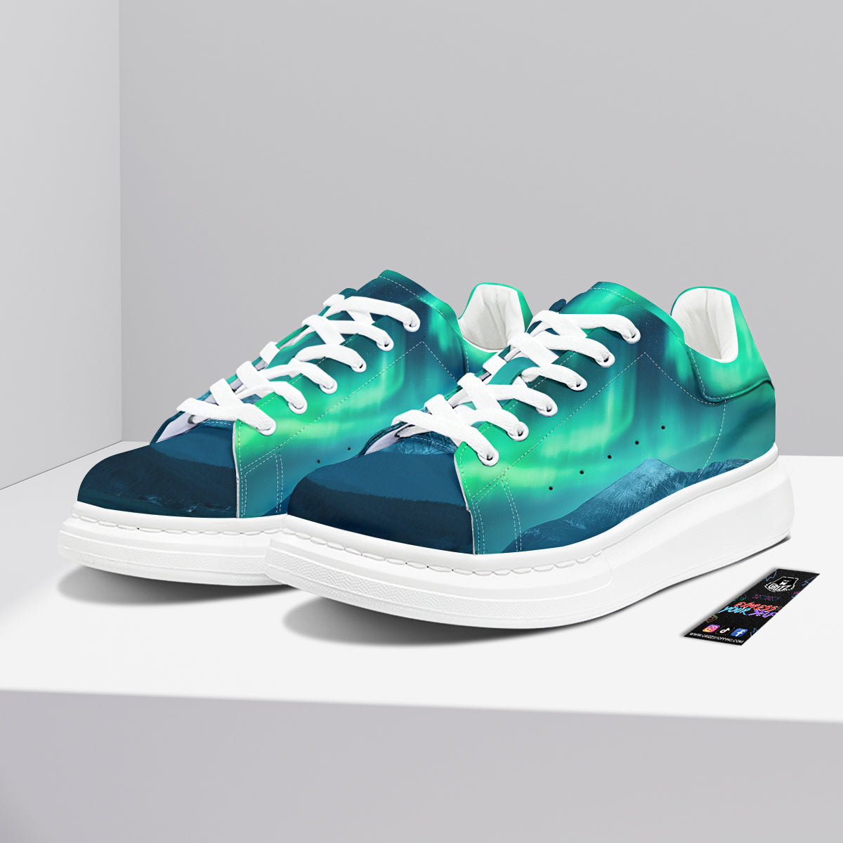 Green Northern Lights And Snowy Mountains Print Platform Shoes-grizzshop