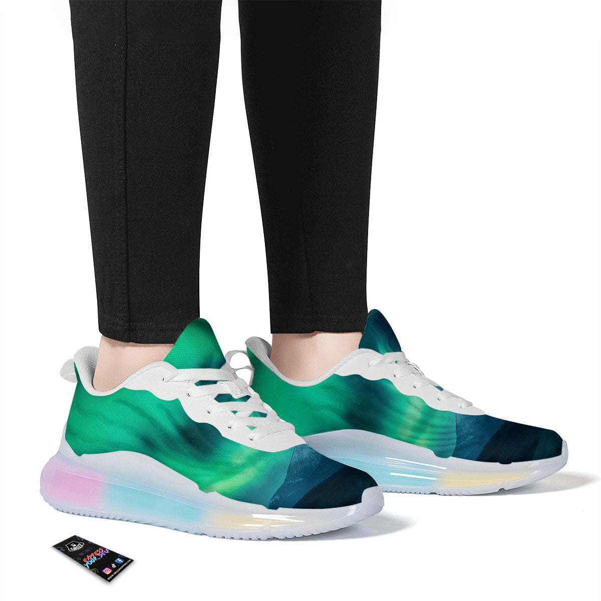 Green Northern Lights And Snowy Mountains Print Running Sneakers-grizzshop