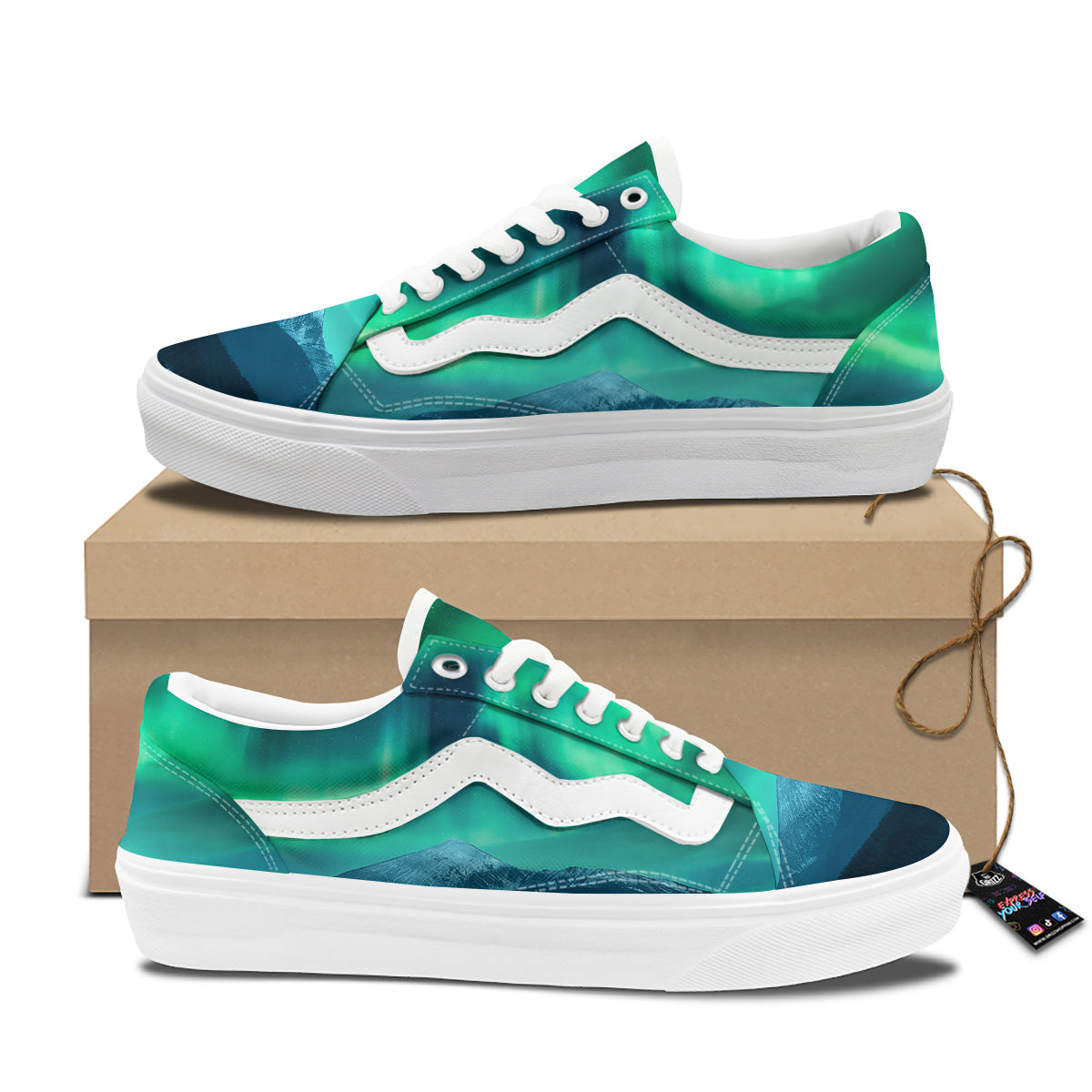 Green Northern Lights And Snowy Mountains Print Skate Shoes-grizzshop