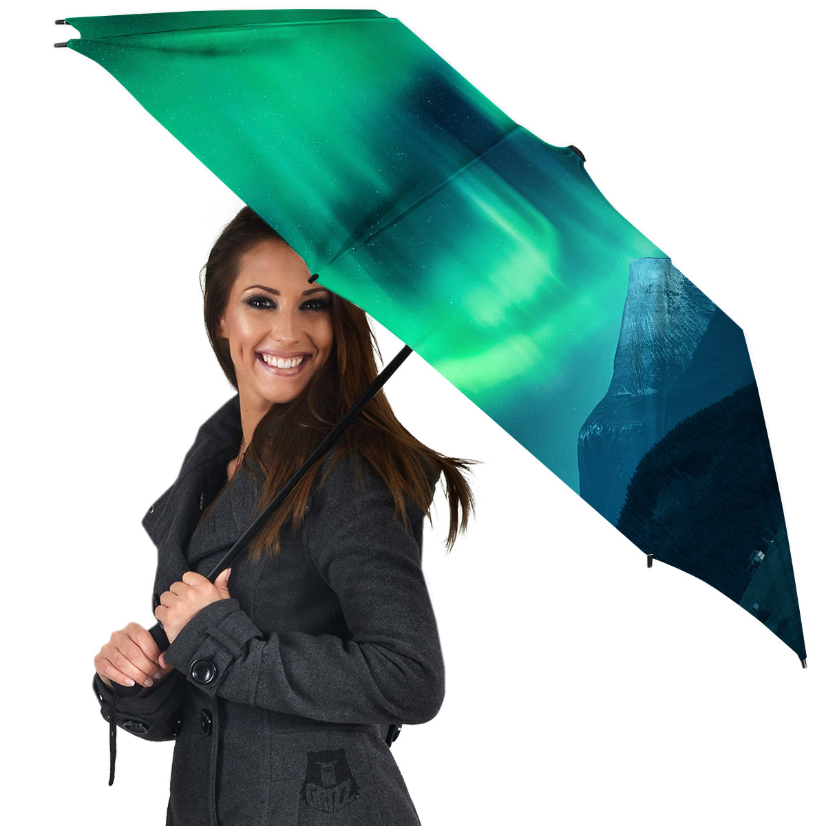 Green Northern Lights And Snowy Mountains Print Umbrella-grizzshop