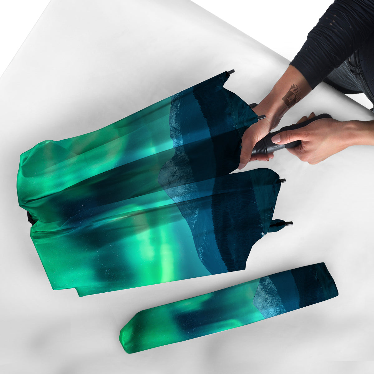 Green Northern Lights And Snowy Mountains Print Umbrella-grizzshop