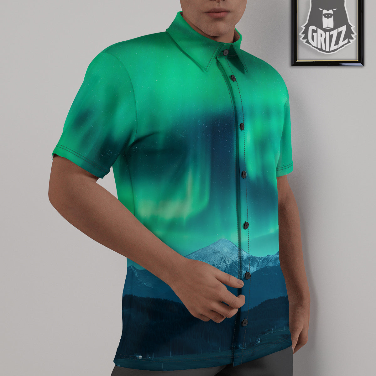 Green Northern Lights And Snowy Mountains Print Untucked Shirts-grizzshop