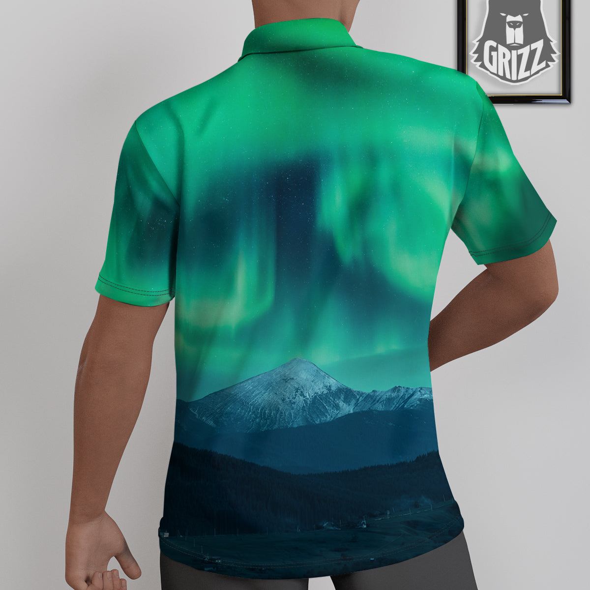 Green Northern Lights And Snowy Mountains Print Untucked Shirts-grizzshop