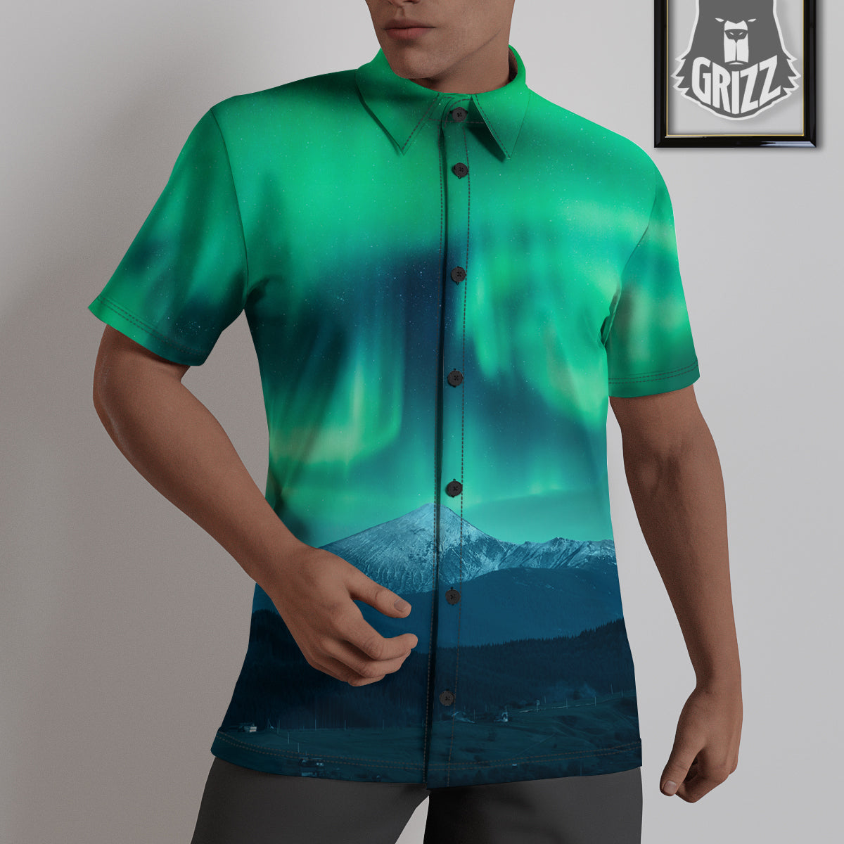 Green Northern Lights And Snowy Mountains Print Untucked Shirts-grizzshop