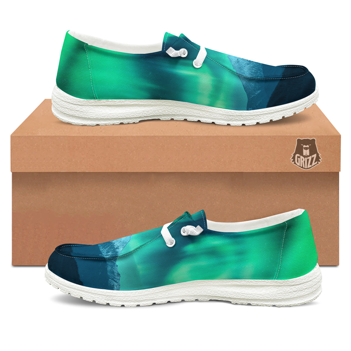 Green Northern Lights And Snowy Mountains Print White Loafers-grizzshop