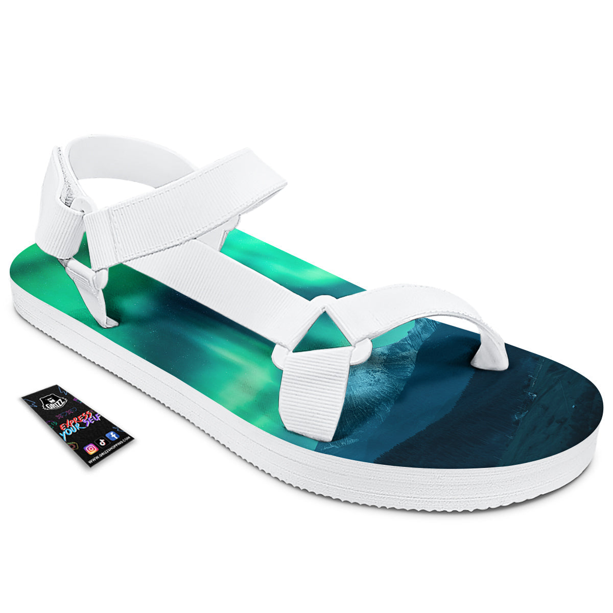 Green Northern Lights And Snowy Mountains Print White Open Toe Sandals-grizzshop