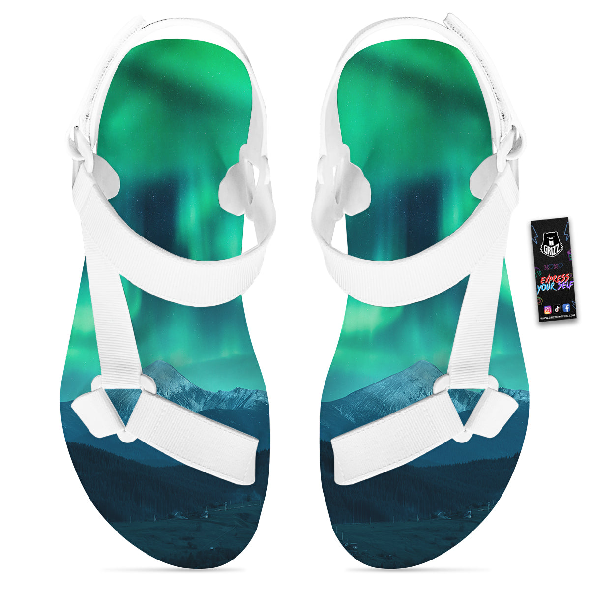 Green Northern Lights And Snowy Mountains Print White Open Toe Sandals-grizzshop