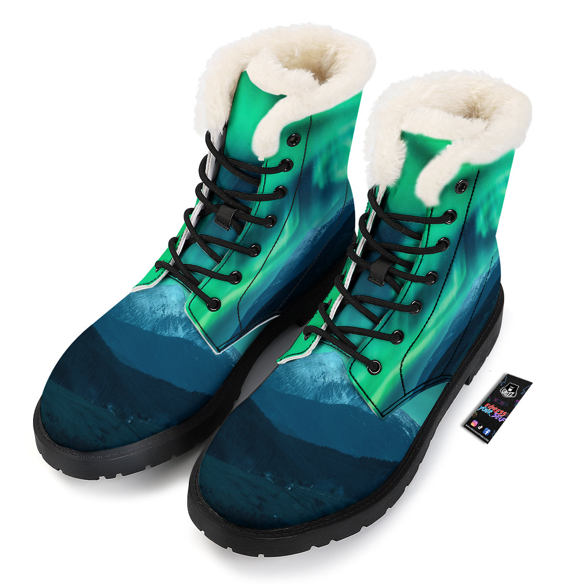 Green Northern Lights And Snowy Mountains Print Winter Boots-grizzshop