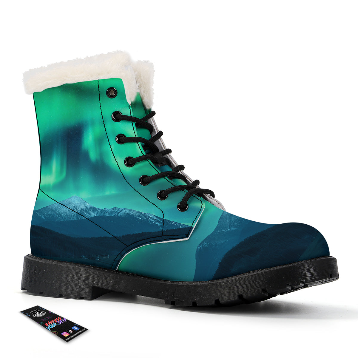 Green Northern Lights And Snowy Mountains Print Winter Boots-grizzshop