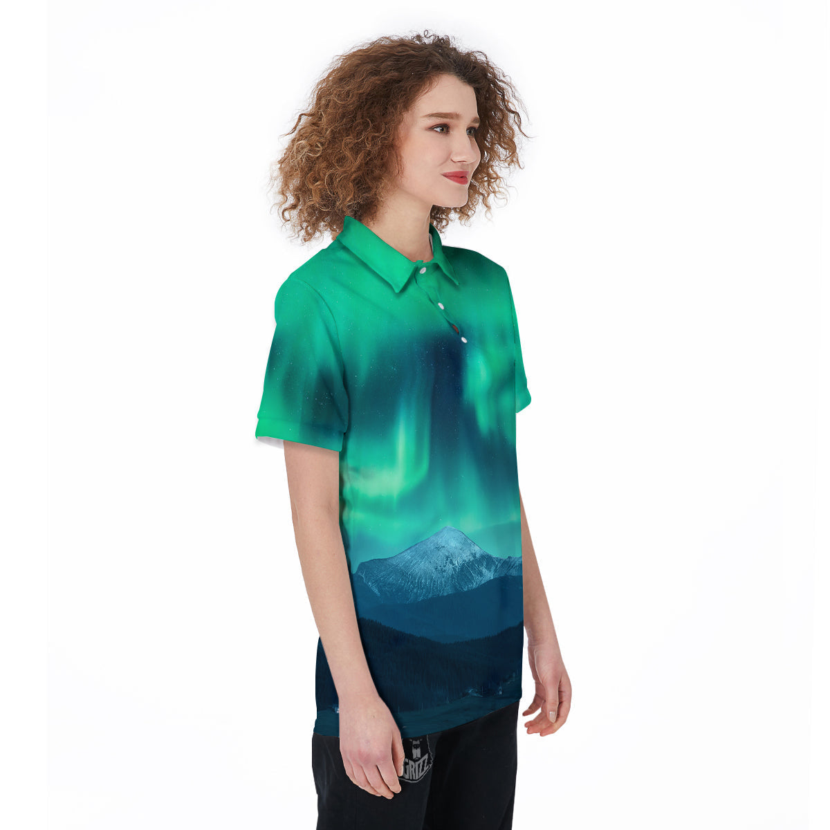 Green Northern Lights And Snowy Mountains Print Women's Golf Shirts-grizzshop