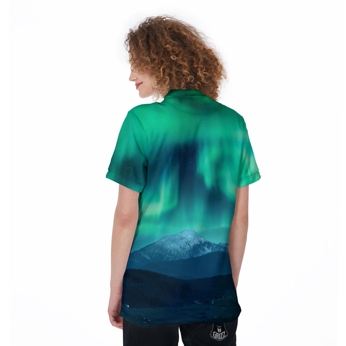 Green Northern Lights And Snowy Mountains Print Women's Golf Shirts-grizzshop