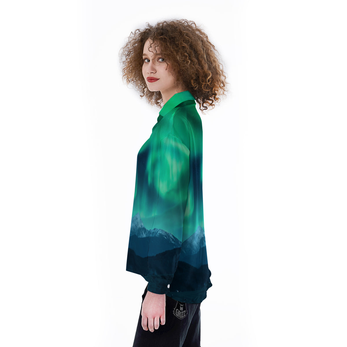 Green Northern Lights And Snowy Mountains Print Women's Long Sleeve Shirts-grizzshop
