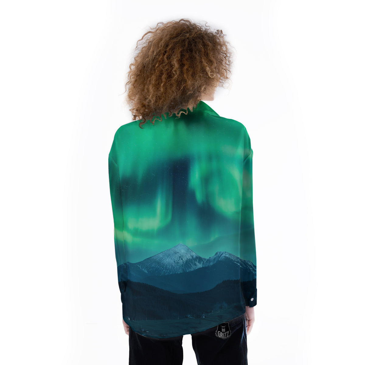 Green Northern Lights And Snowy Mountains Print Women's Long Sleeve Shirts-grizzshop