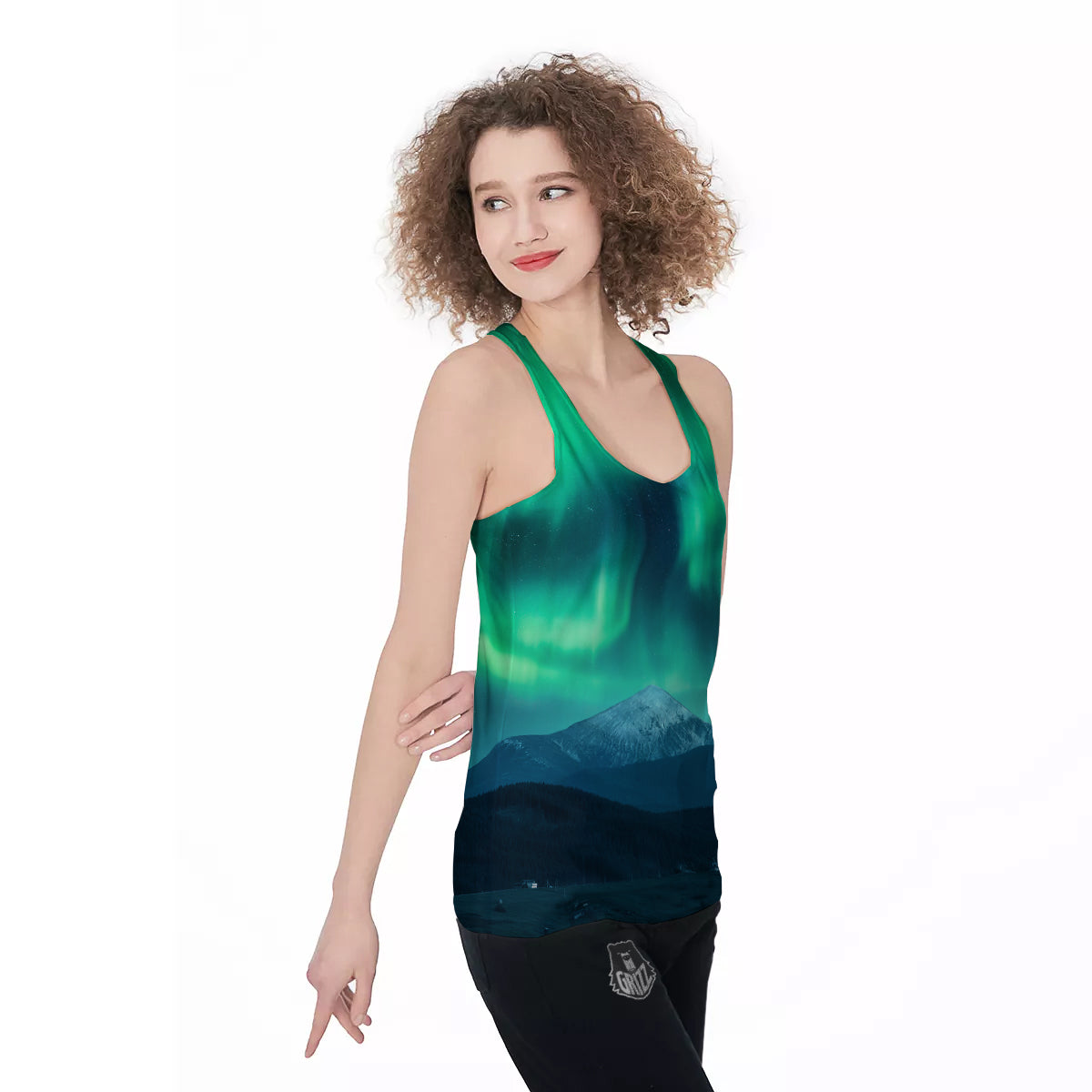 Green Northern Lights And Snowy Mountains Print Women's Racerback Tank Top-grizzshop