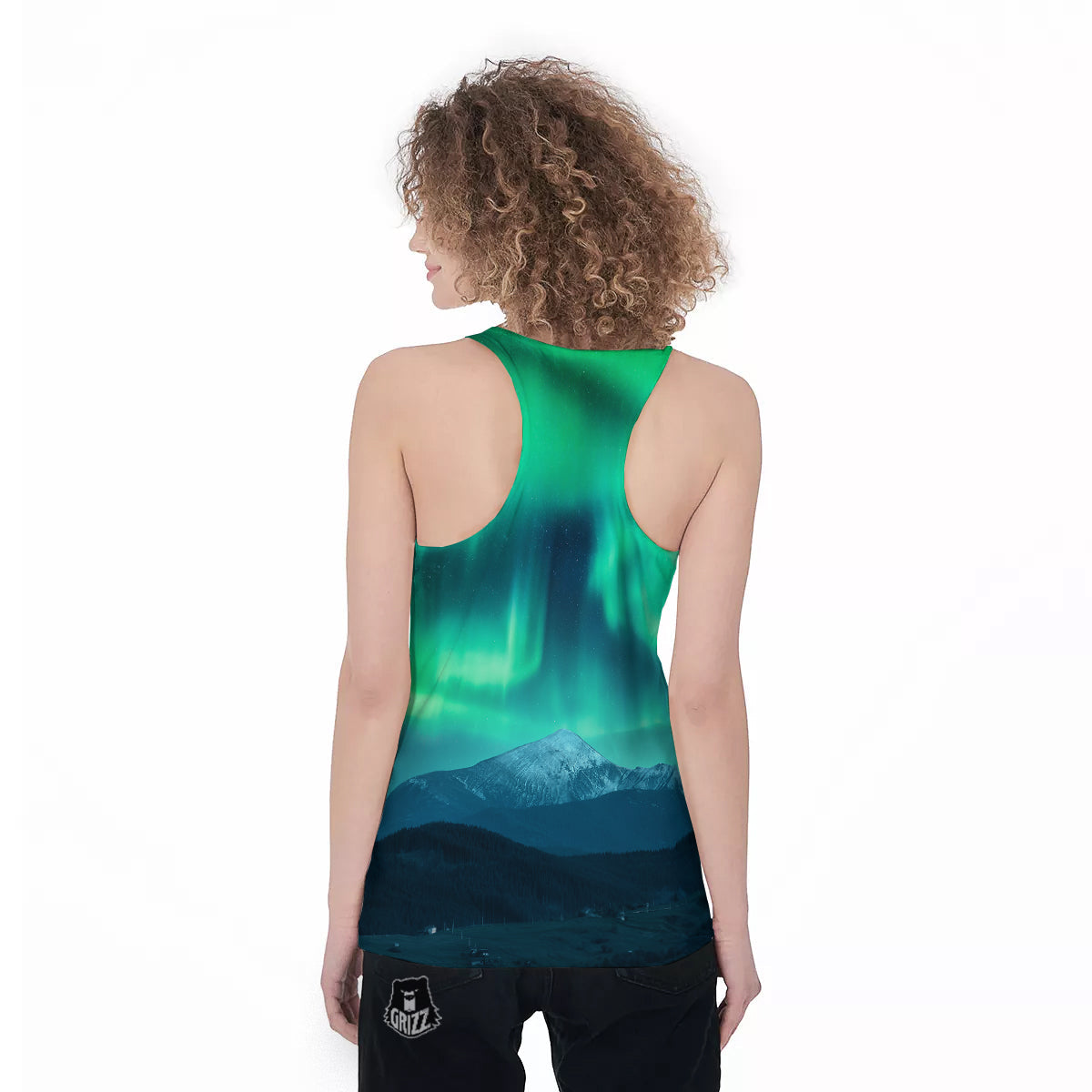 Green Northern Lights And Snowy Mountains Print Women's Racerback Tank Top-grizzshop