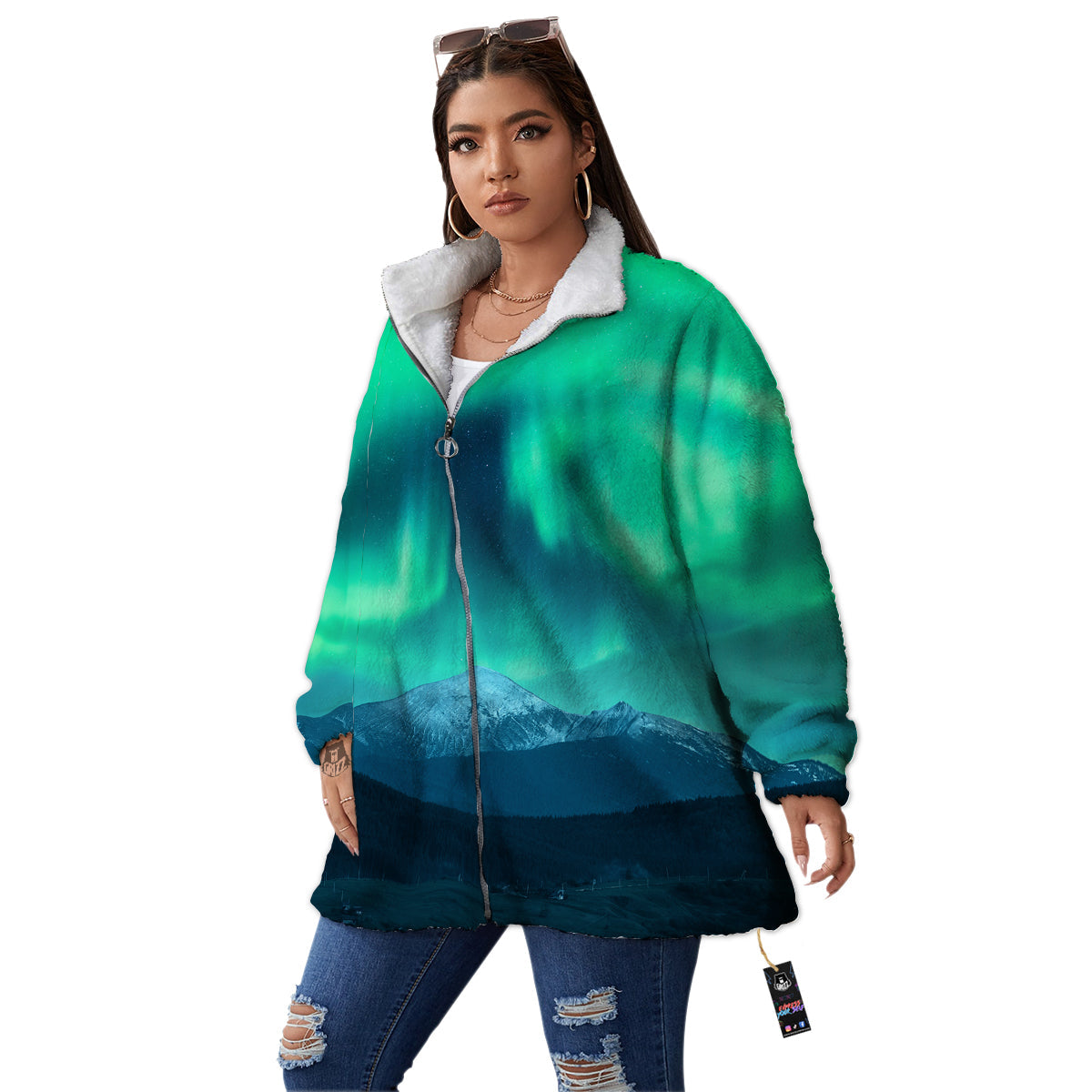 Green Northern Lights And Snowy Mountains Print Women's Sherpa Jacket-grizzshop