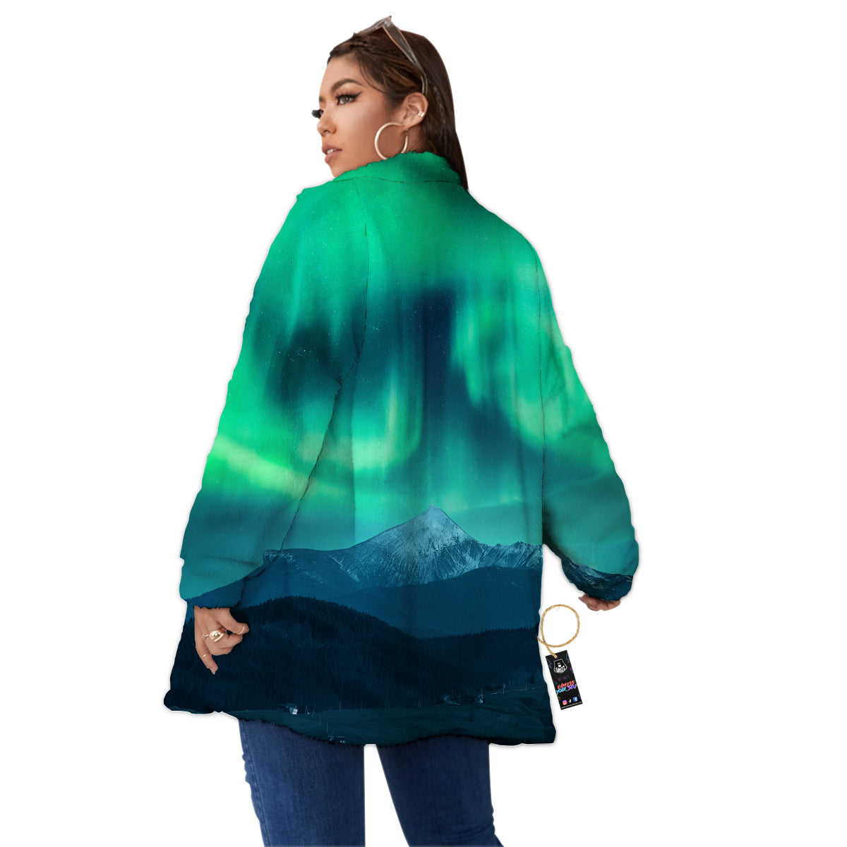 Green Northern Lights And Snowy Mountains Print Women's Sherpa Jacket-grizzshop