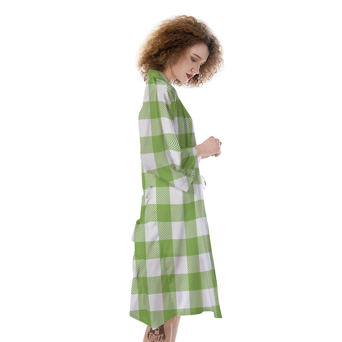 Green Pear And White Gingham Print Kimono-grizzshop