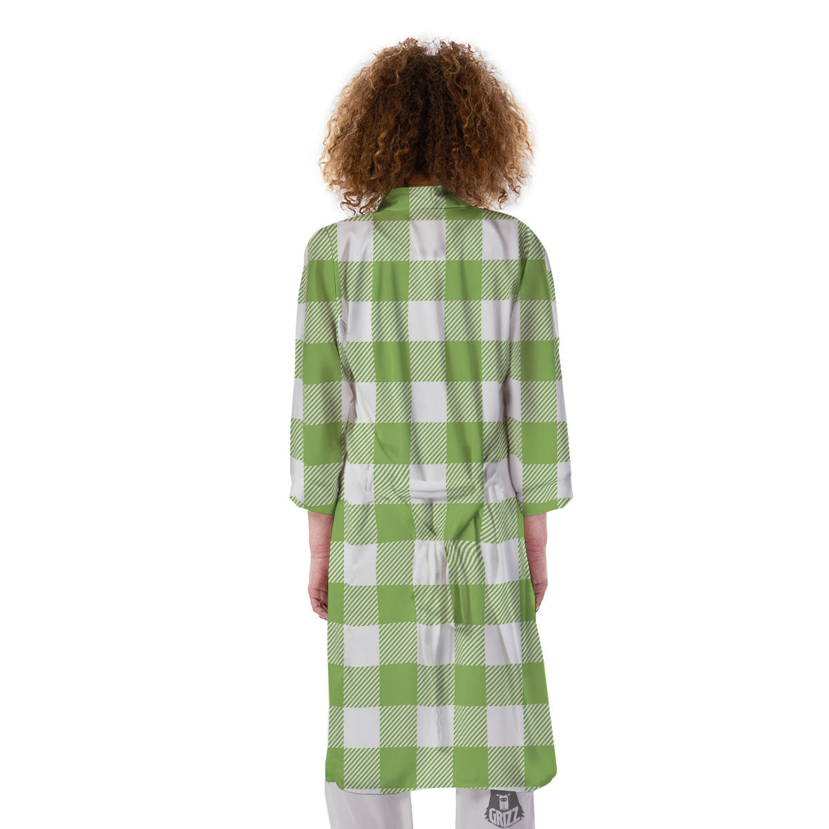 Green Pear And White Gingham Print Kimono-grizzshop