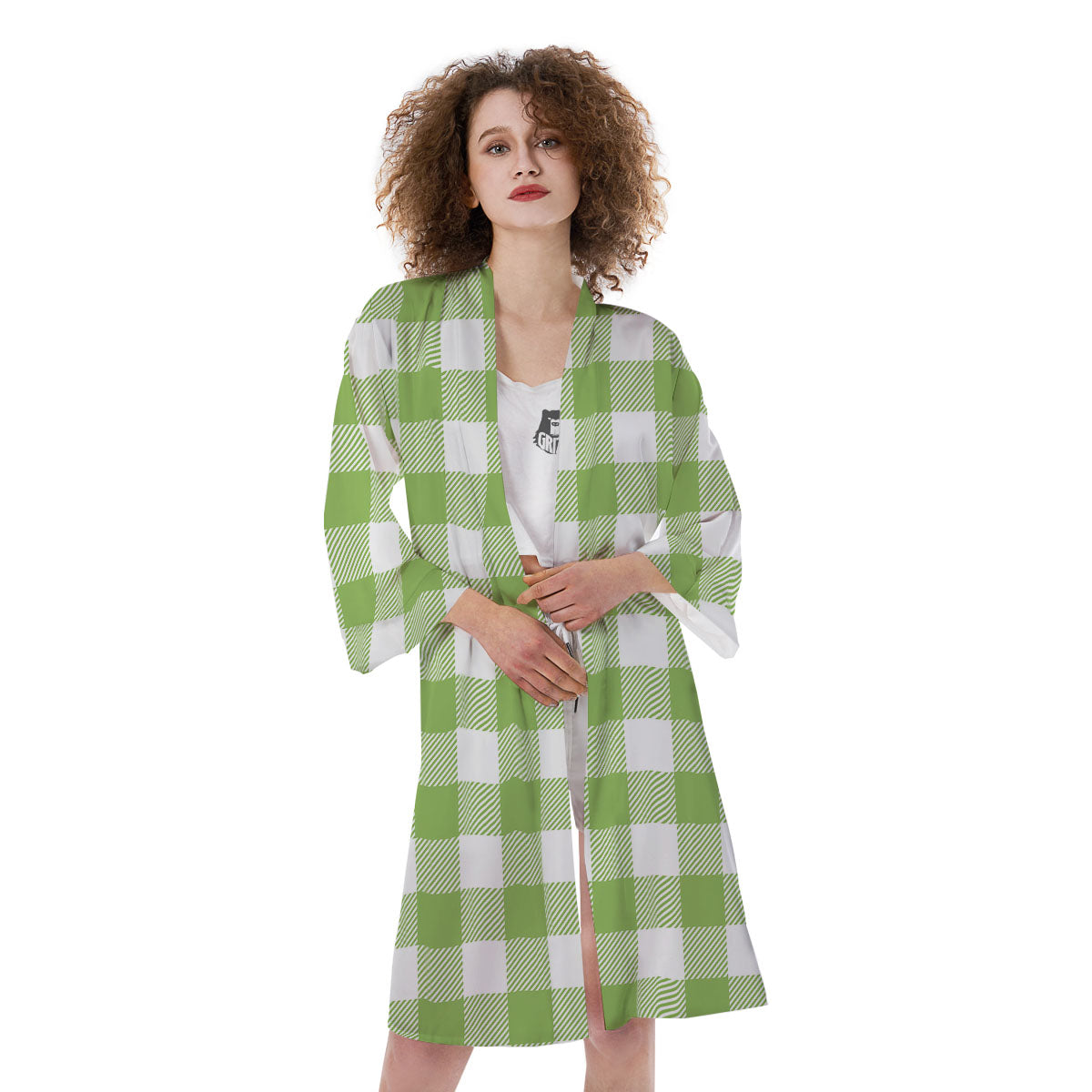 Green Pear And White Gingham Print Kimono-grizzshop