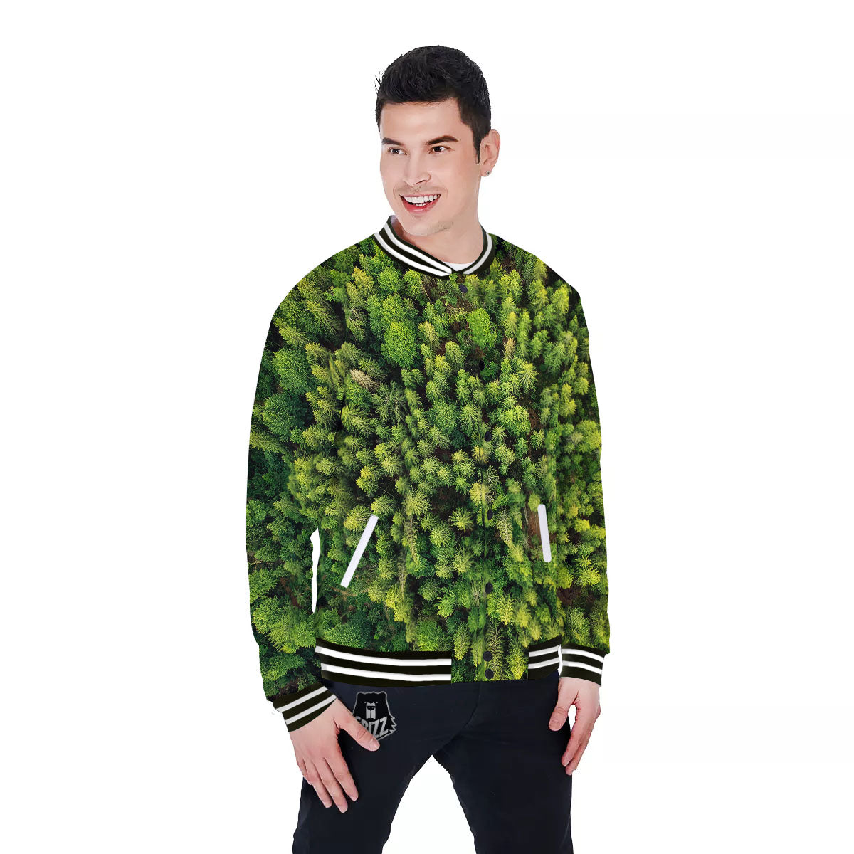 Green Pine Summer Forest Print Baseball Jacket-grizzshop