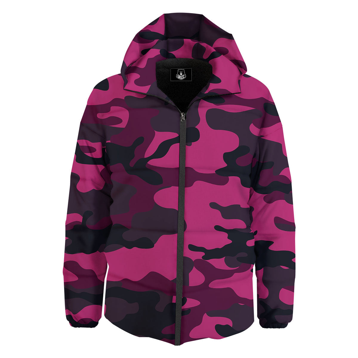 Green Pink And Black Camouflage Print Down Jacket-grizzshop