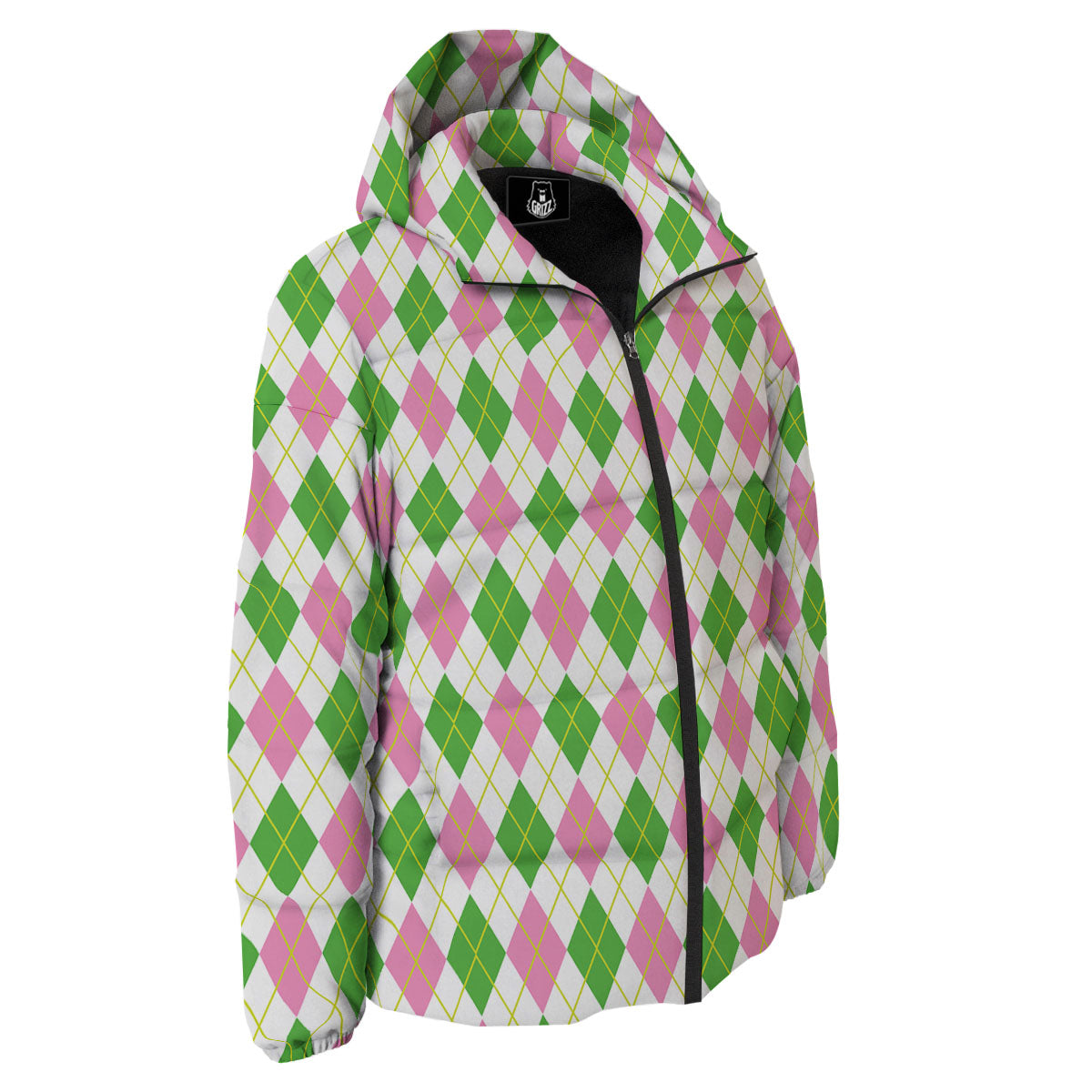Green Pink And White Argyle Print Pattern Down Jacket-grizzshop