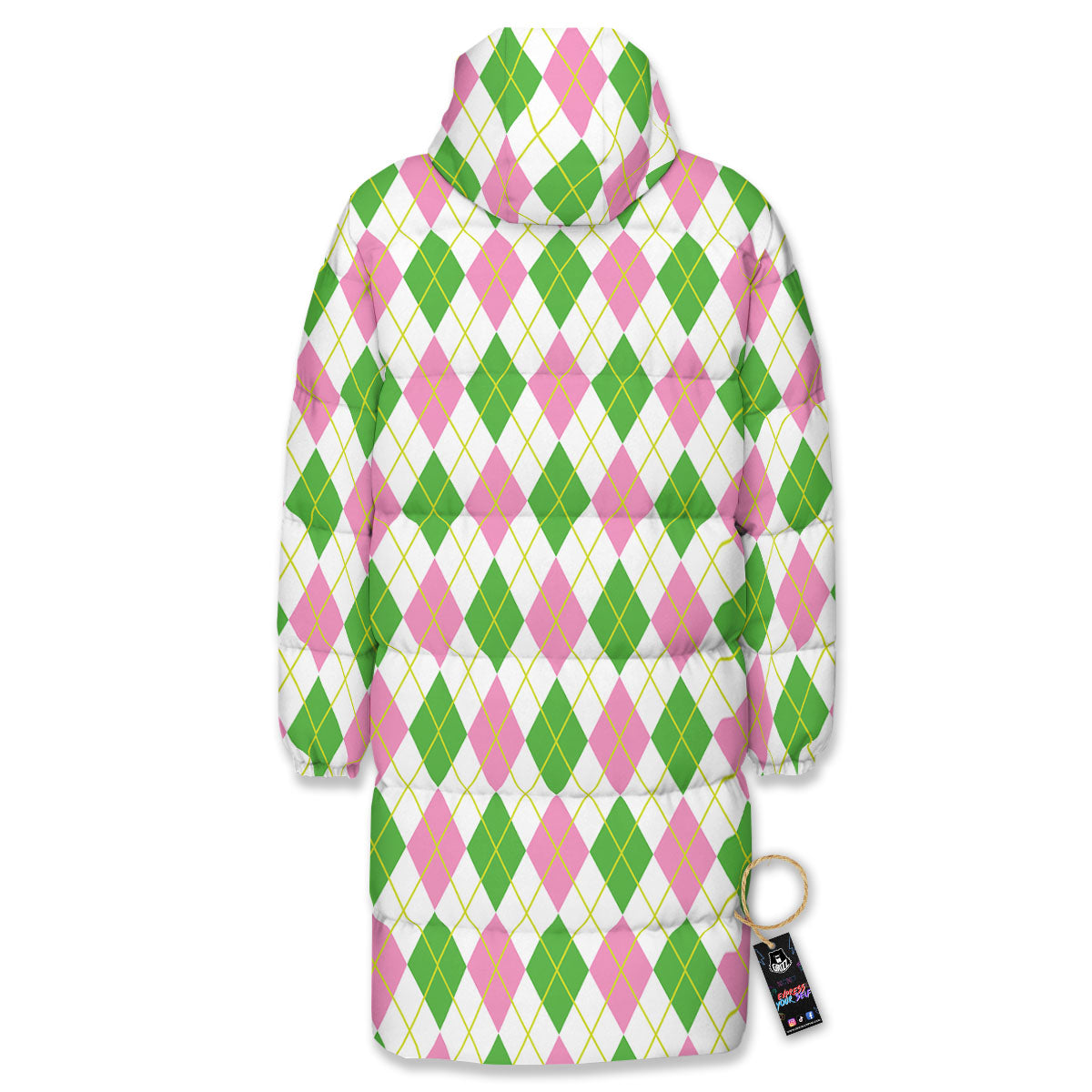 Green Pink And White Argyle Print Pattern Long Down Jacket-grizzshop