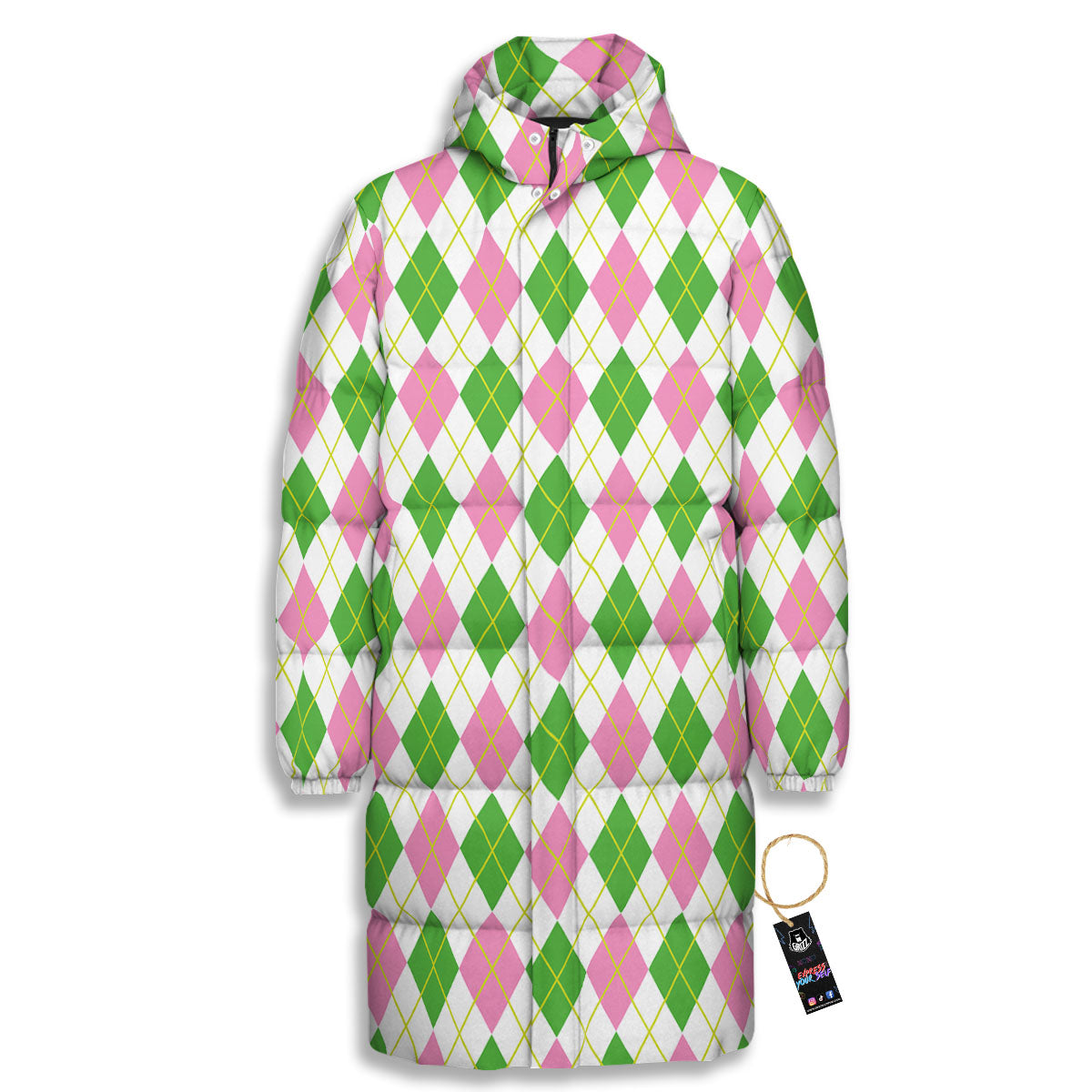 Green Pink And White Argyle Print Pattern Long Down Jacket-grizzshop
