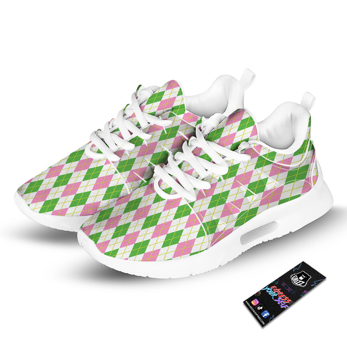 Green Pink And White Argyle Print Pattern Tennis Shoes-grizzshop