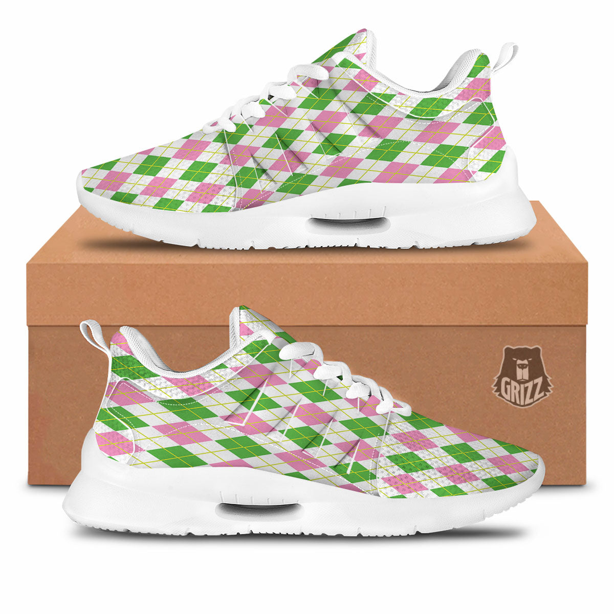 Green Pink And White Argyle Print Pattern Tennis Shoes-grizzshop