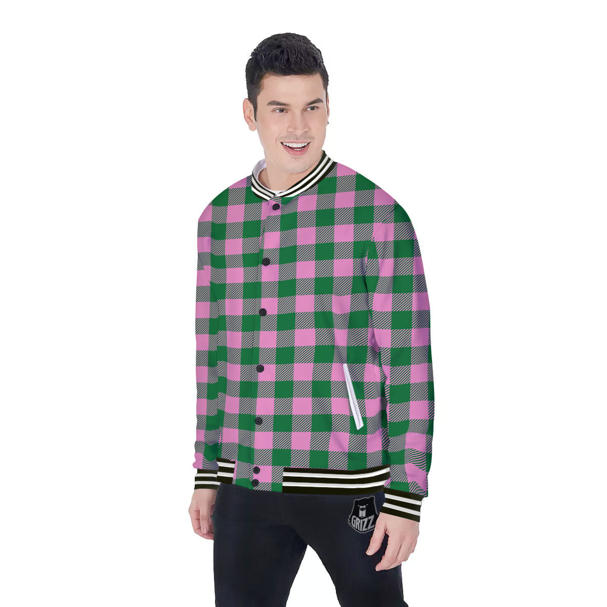 Green Pink And White Tartan Print Pattern Baseball Jacket-grizzshop