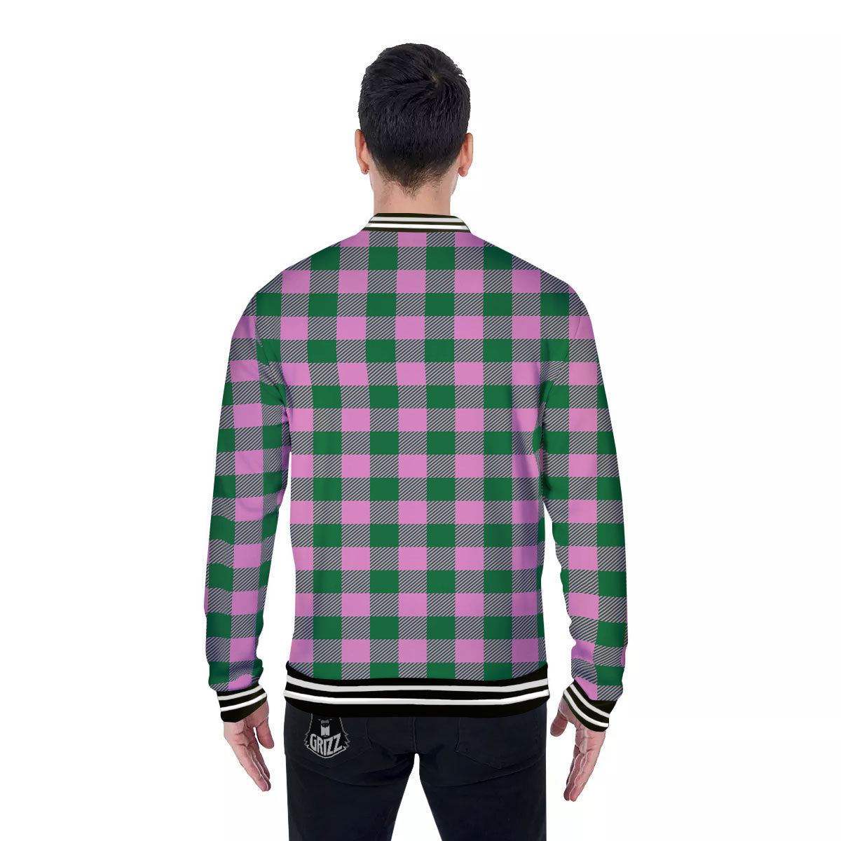 Green Pink And White Tartan Print Pattern Baseball Jacket-grizzshop
