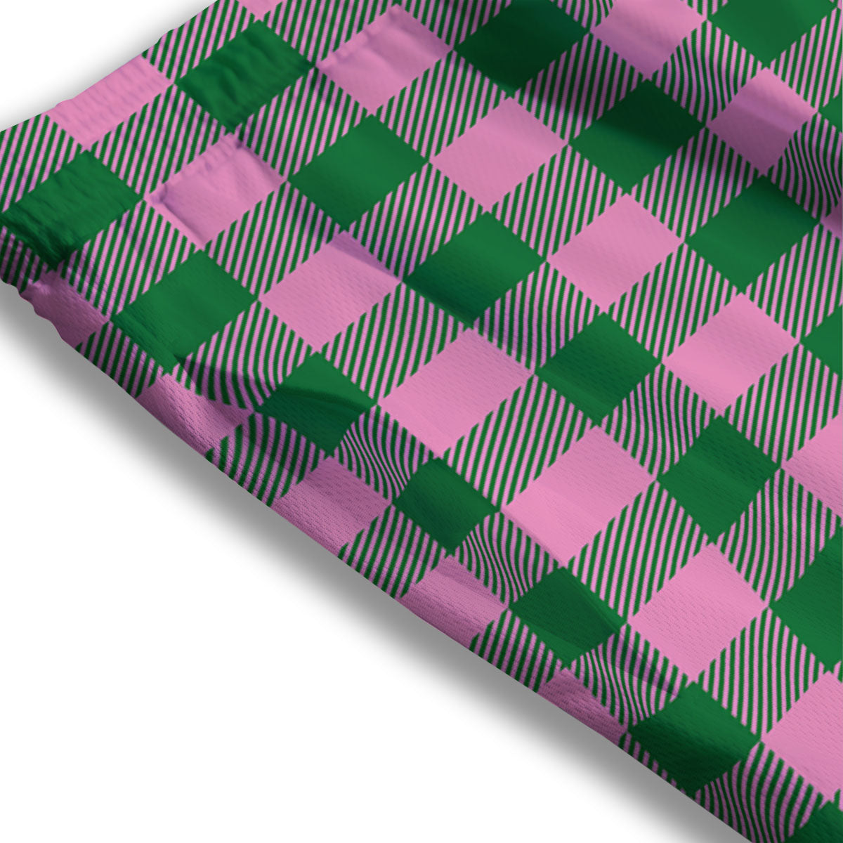 Green Pink And White Tartan Print Pattern Mesh Shorts