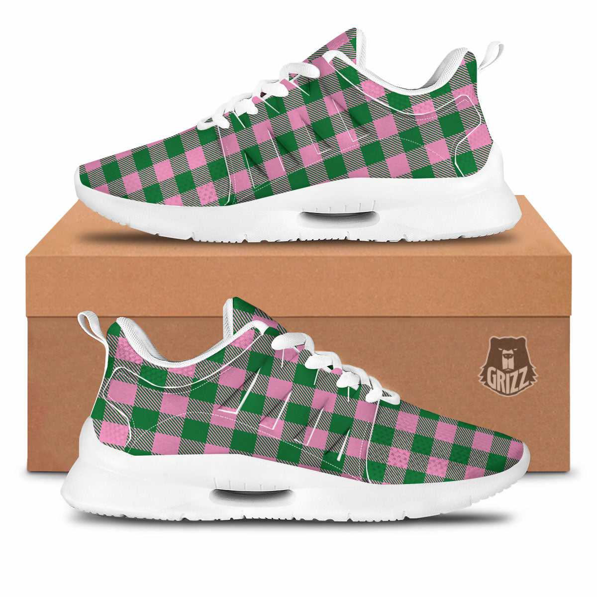 Green Pink And White Tartan Print Pattern Tennis Shoes-grizzshop