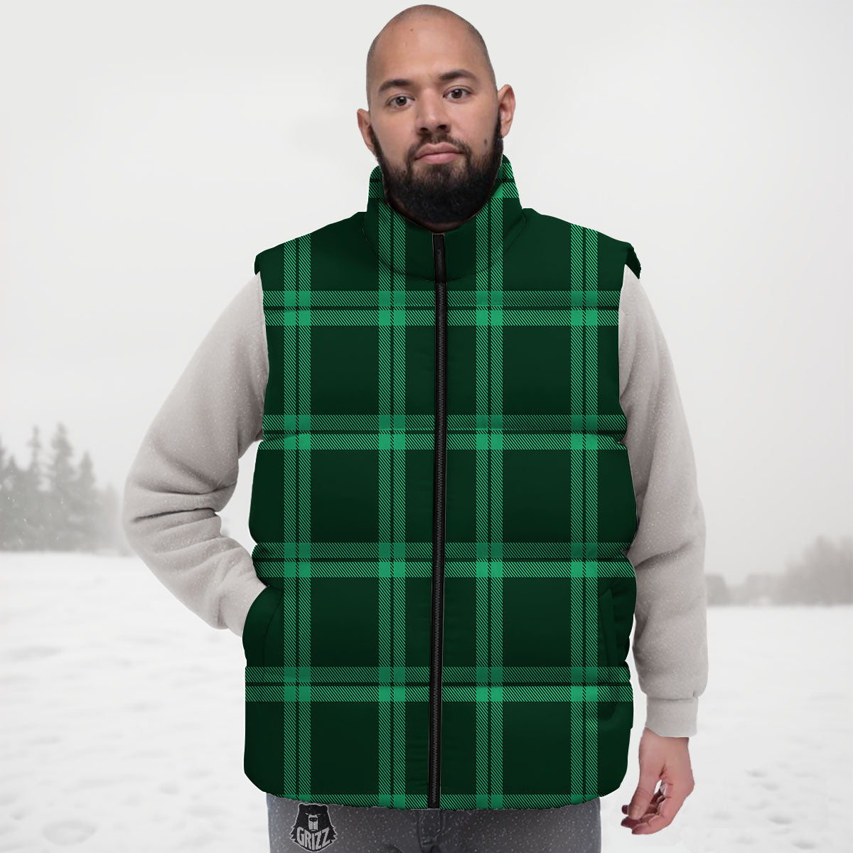 Green Plaid Print Down Vest-grizzshop