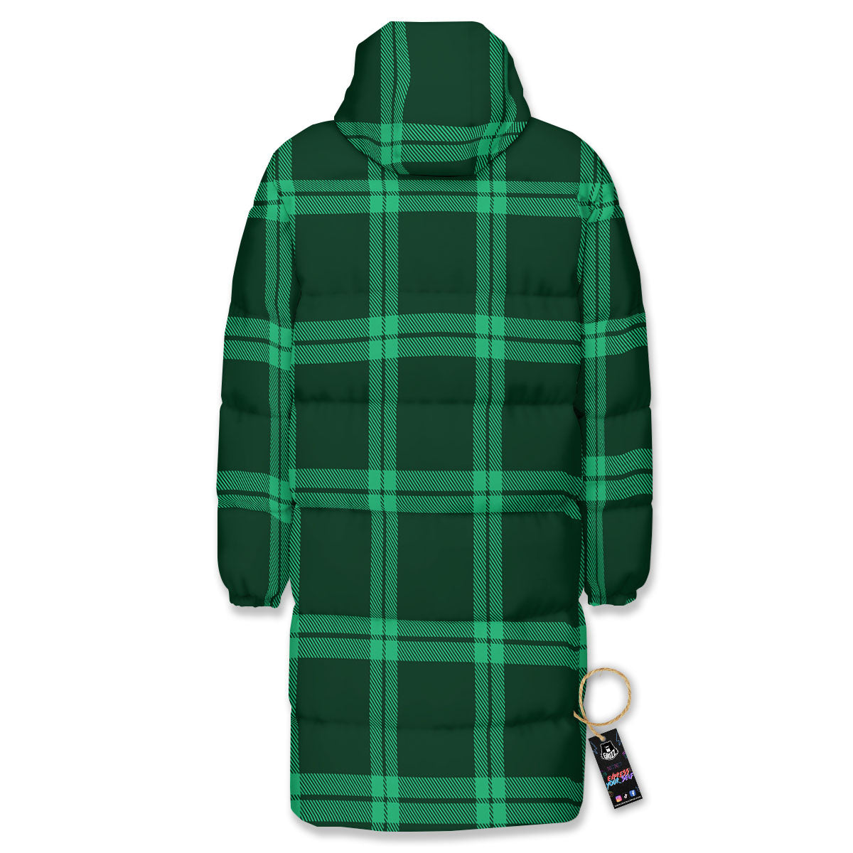 Green Plaid Print Long Down Jacket-grizzshop