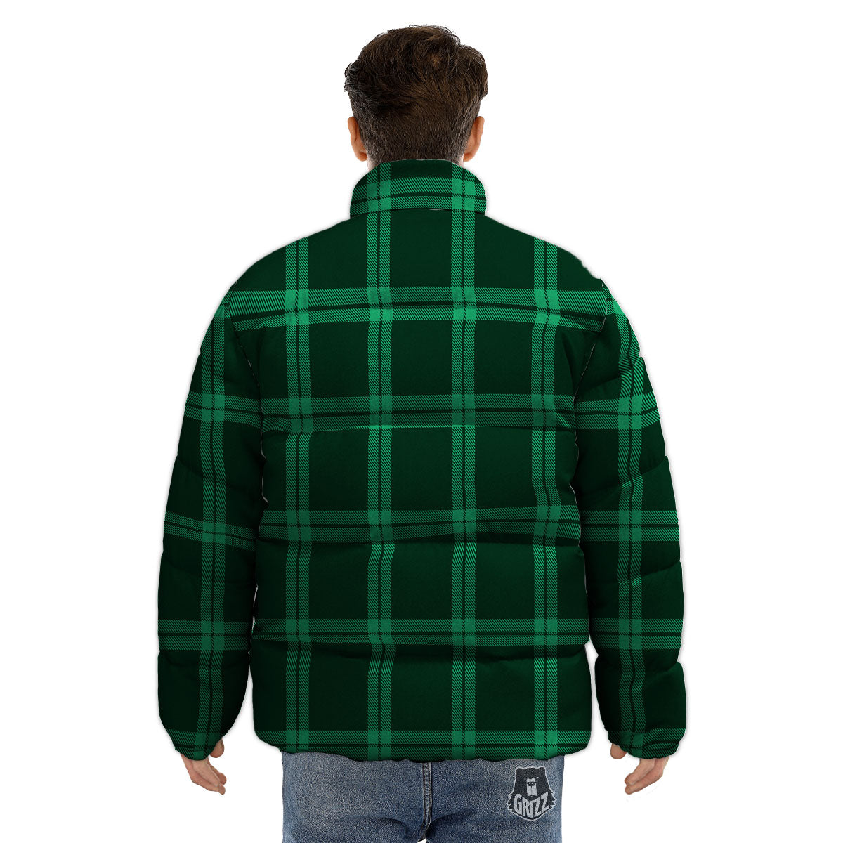 Green Plaid Print Puffer Jacket-grizzshop