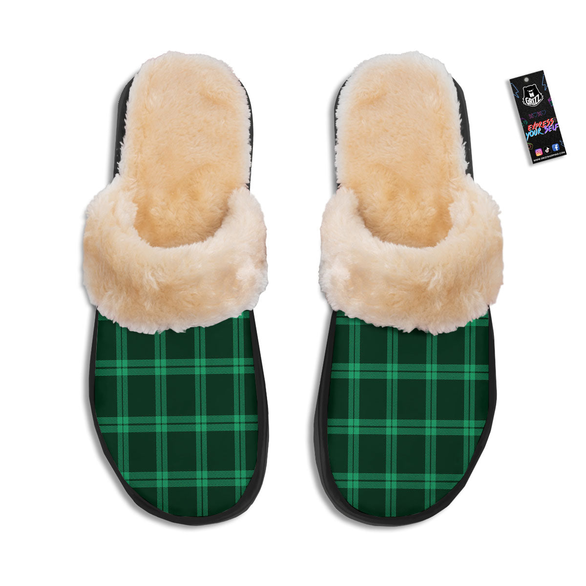 Green Plaid Print Slippers-grizzshop