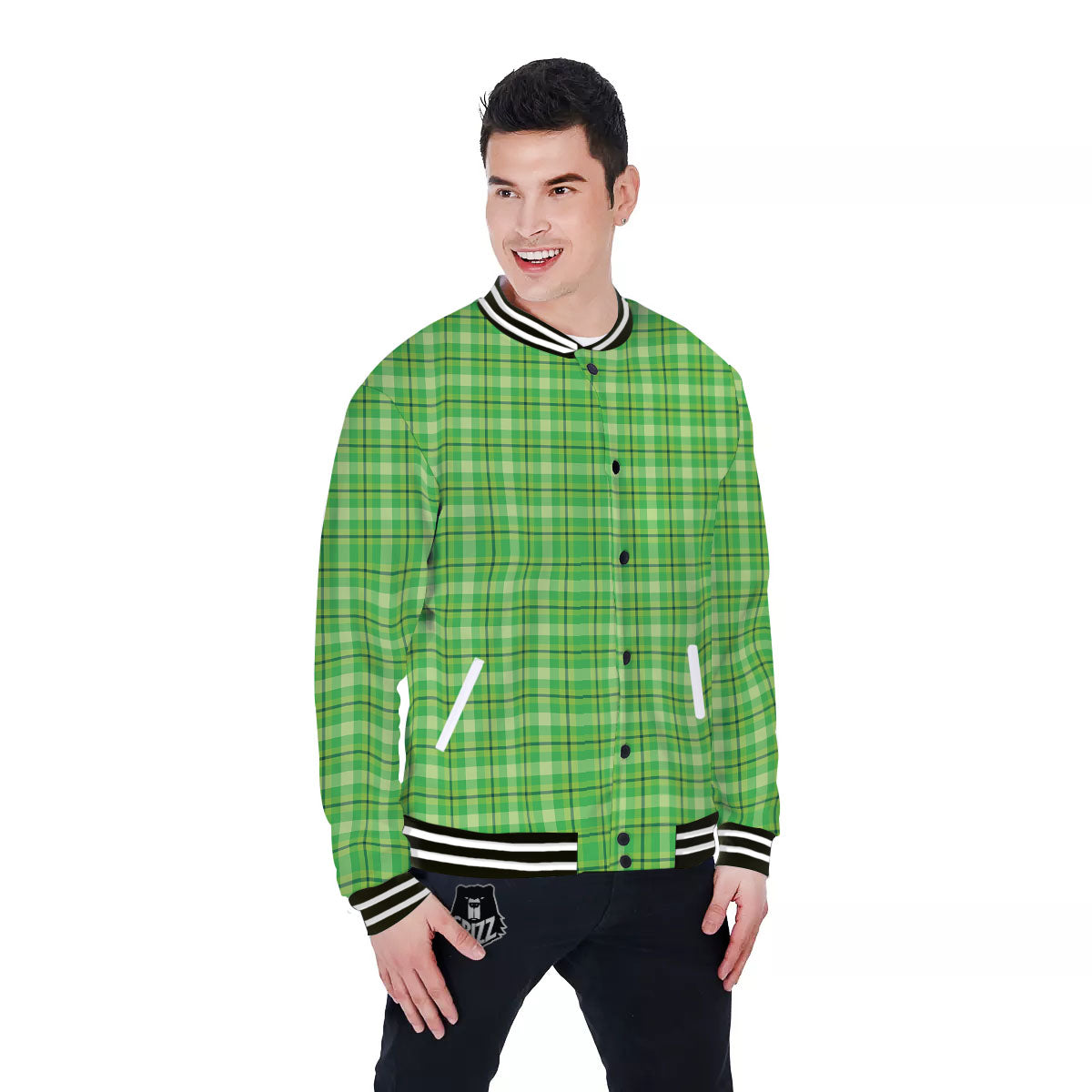 Green Plaid Shamrock Print Pattern Baseball Jacket-grizzshop