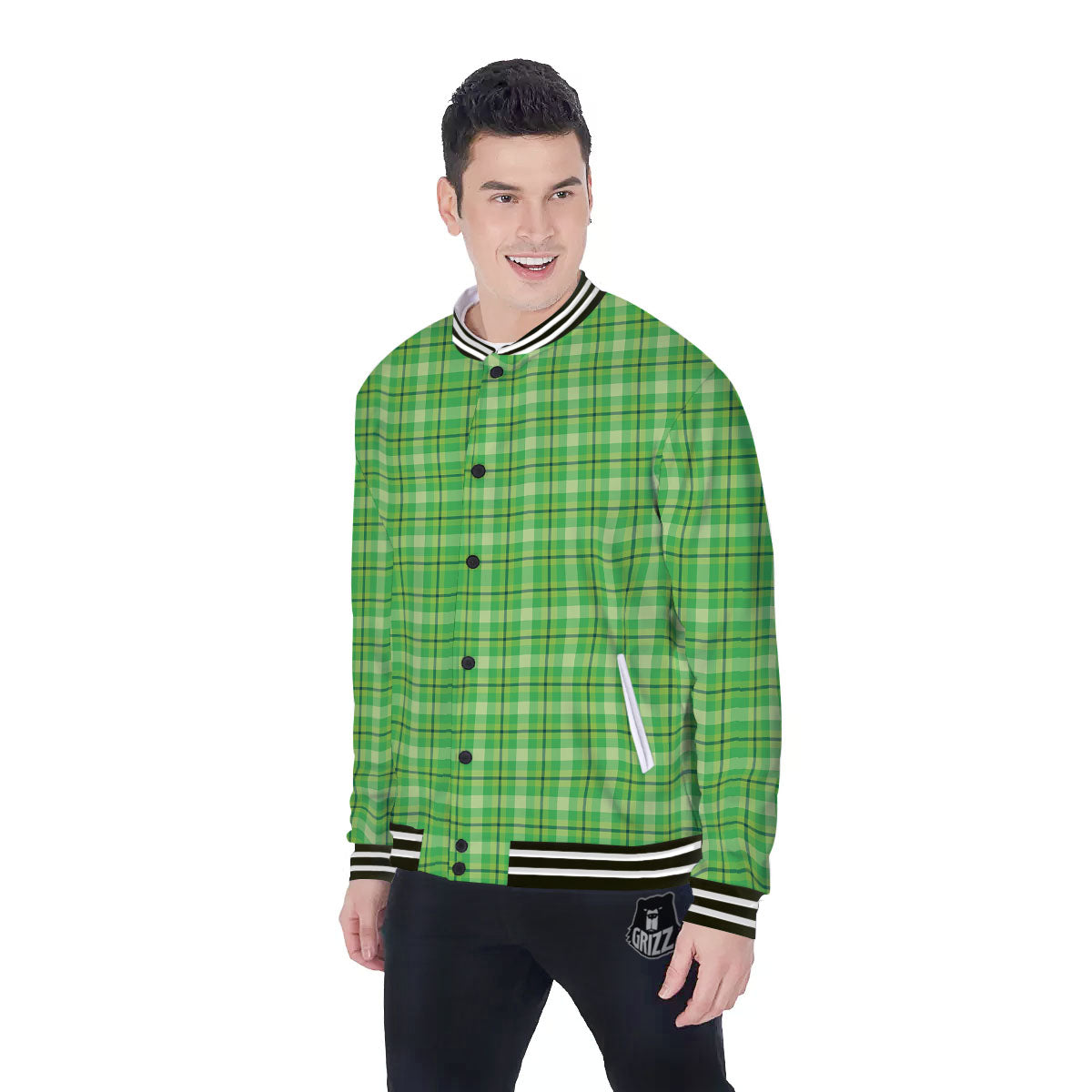 Green Plaid Shamrock Print Pattern Baseball Jacket-grizzshop
