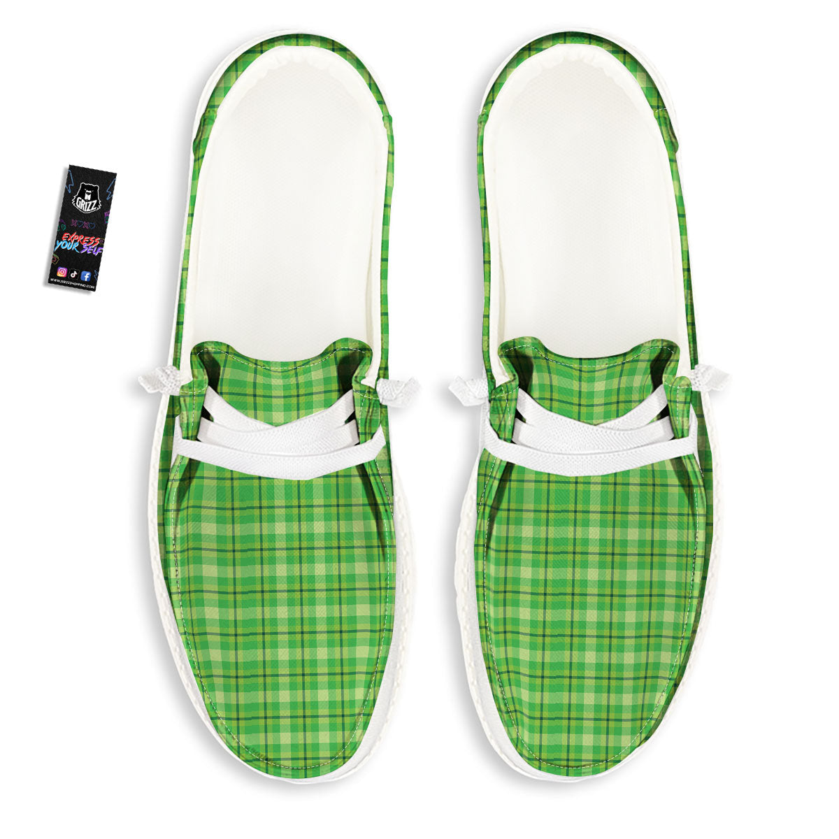 Green Plaid Shamrock Print Pattern Black Loafers-grizzshop