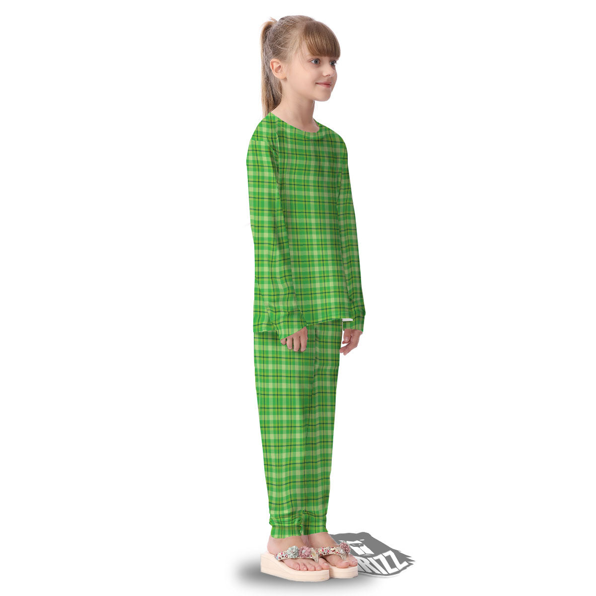 Green Plaid Shamrock Print Pattern Kid's Pajamas-grizzshop