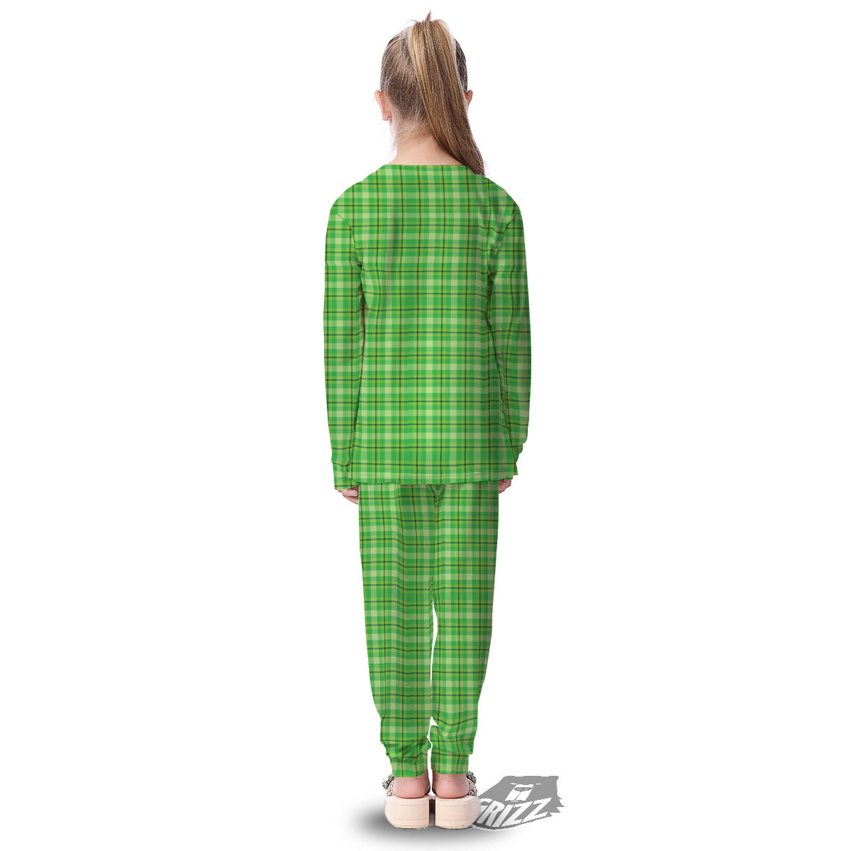 Green Plaid Shamrock Print Pattern Kid's Pajamas-grizzshop