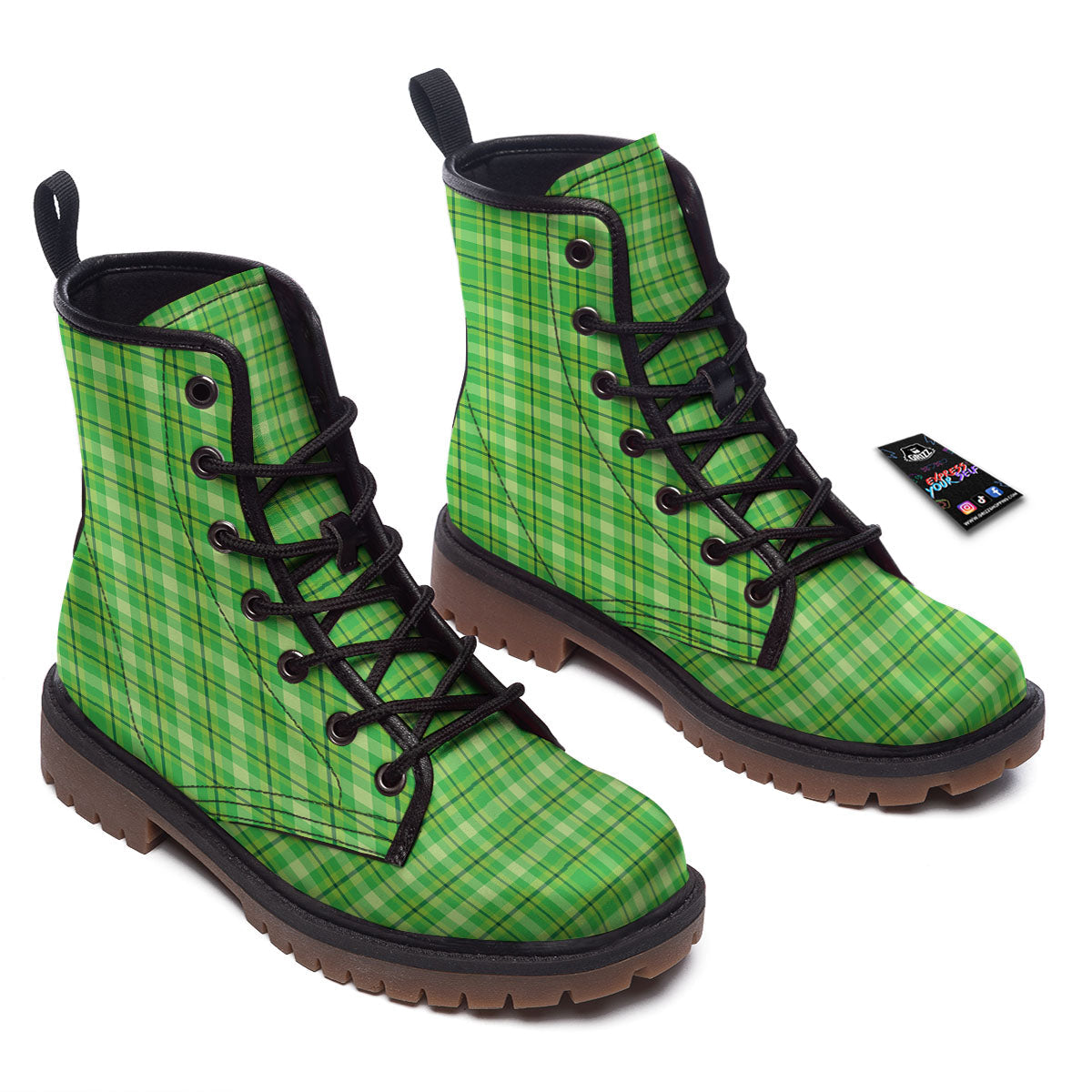 Green Plaid Shamrock Print Pattern Work Boots-grizzshop