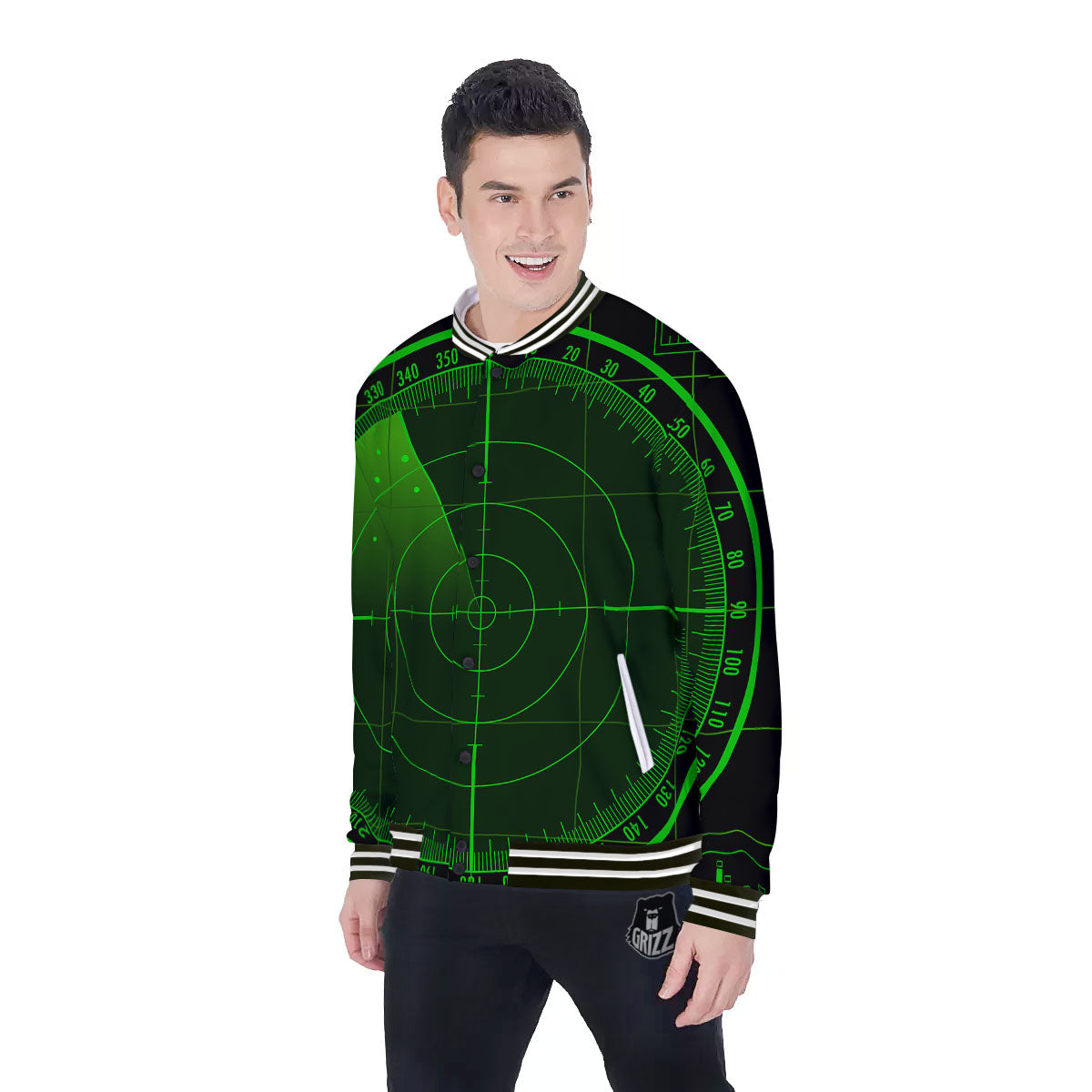Green Radar Screen Print Baseball Jacket-grizzshop
