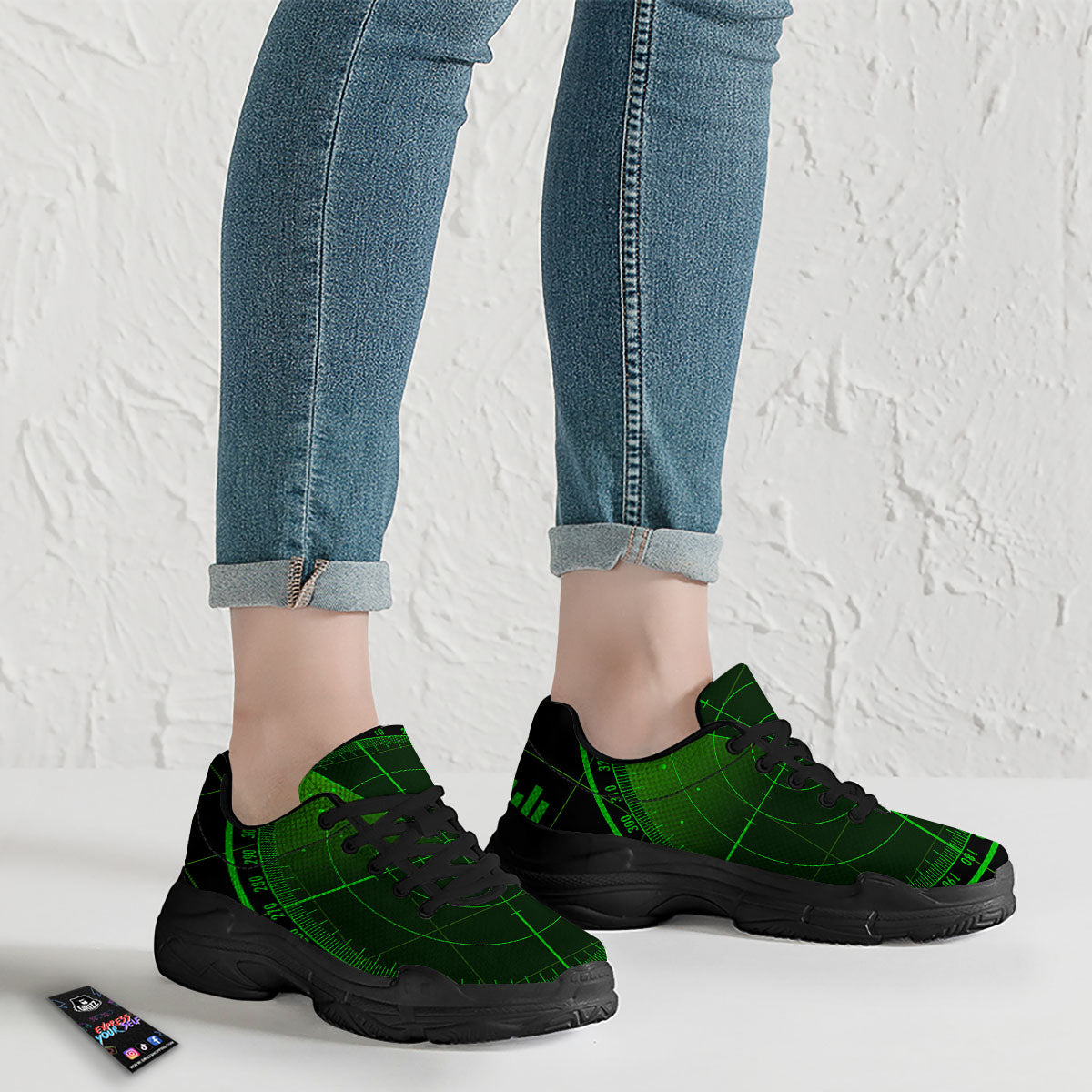 Green Radar Screen Print Black Chunky Shoes-grizzshop