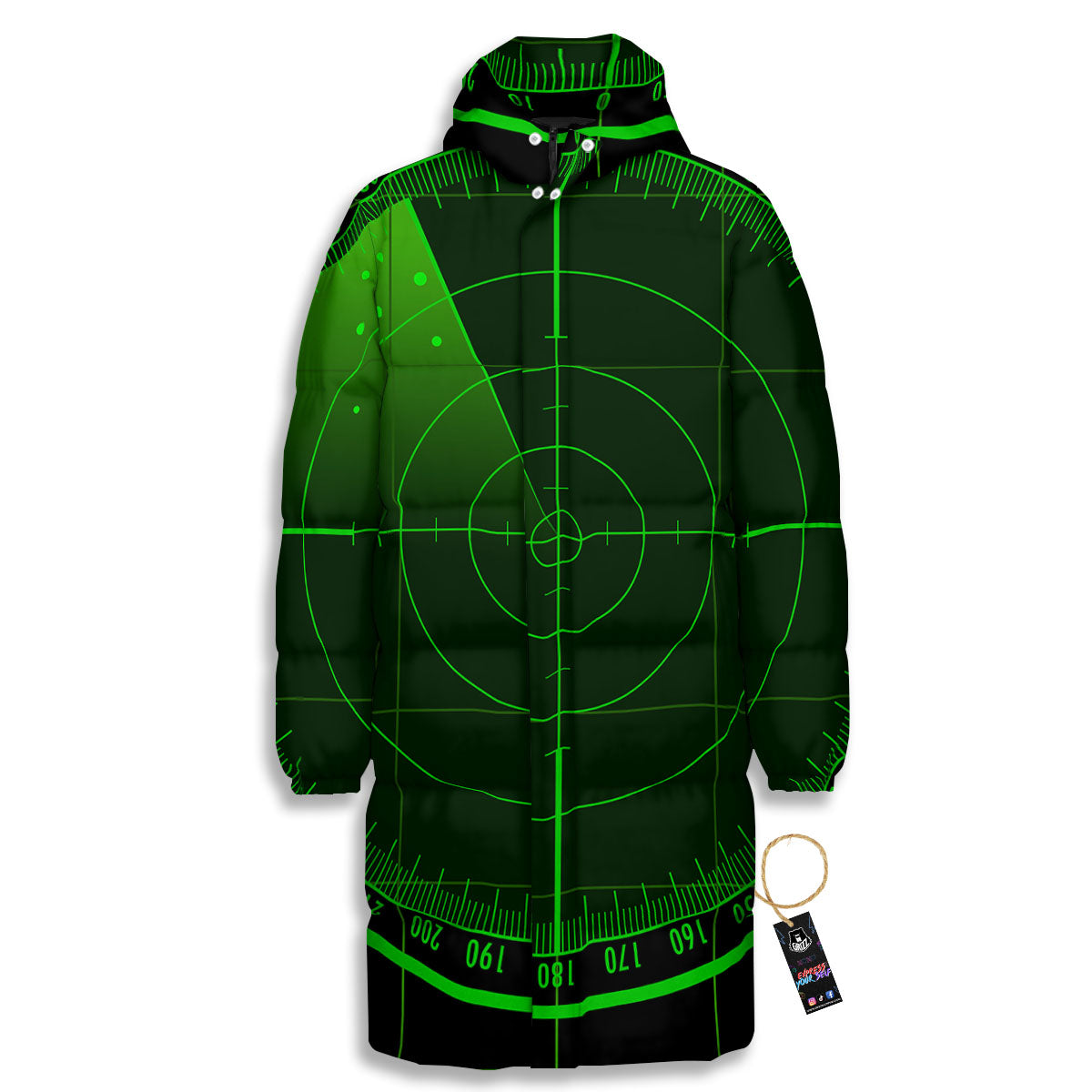 Green Radar Screen Print Long Down Jacket-grizzshop