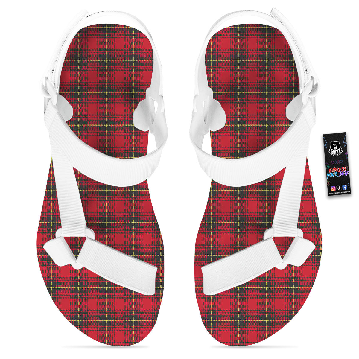 Green Red And Yellow Line Stewart Print Pattern White Open Toe Sandals-grizzshop